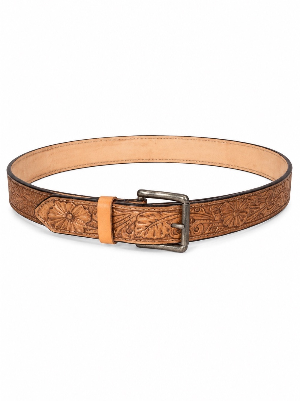 Tooled Leather Floral Belt - Tan handmade rustic
